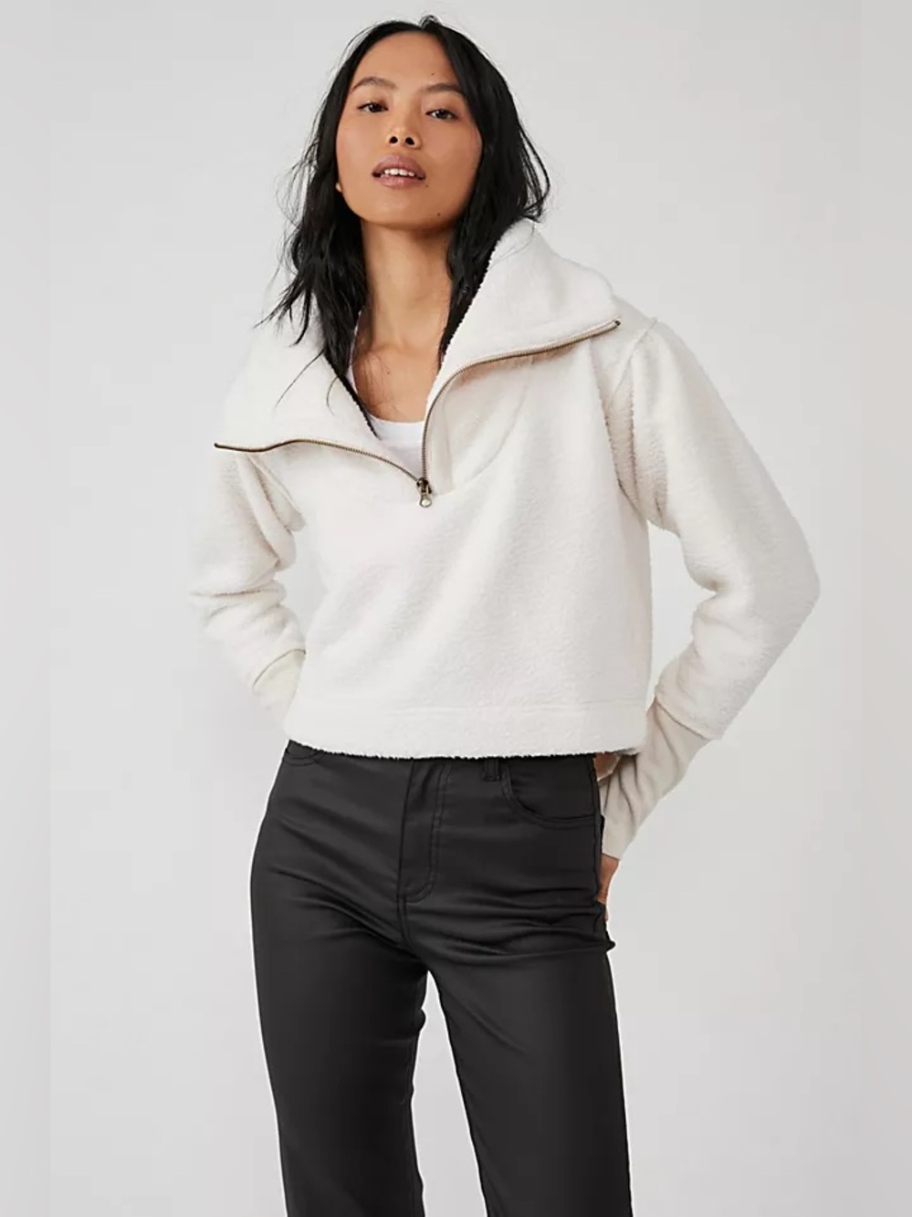 Free People Poppy Quarter Zip Pullover Medium New Sherpa Cozy Champagne